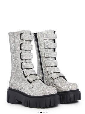 Club Exx Calf High Velcro Rhinestone
Combat Boots - Silver